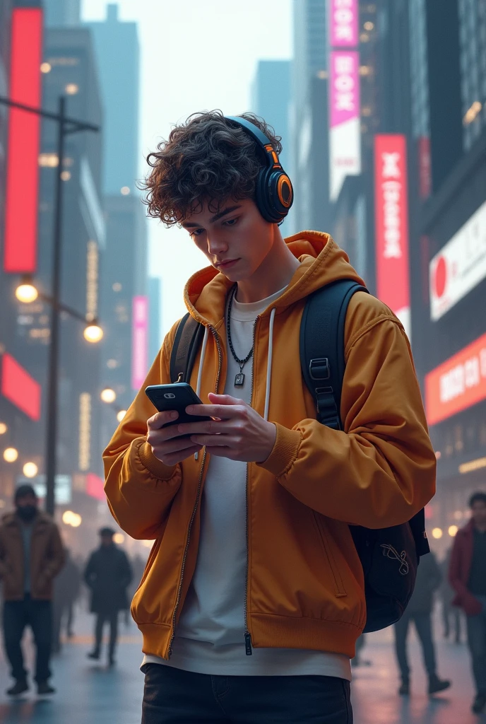 A modern teen guy wearing headphones standing in front of Street playing mobile game