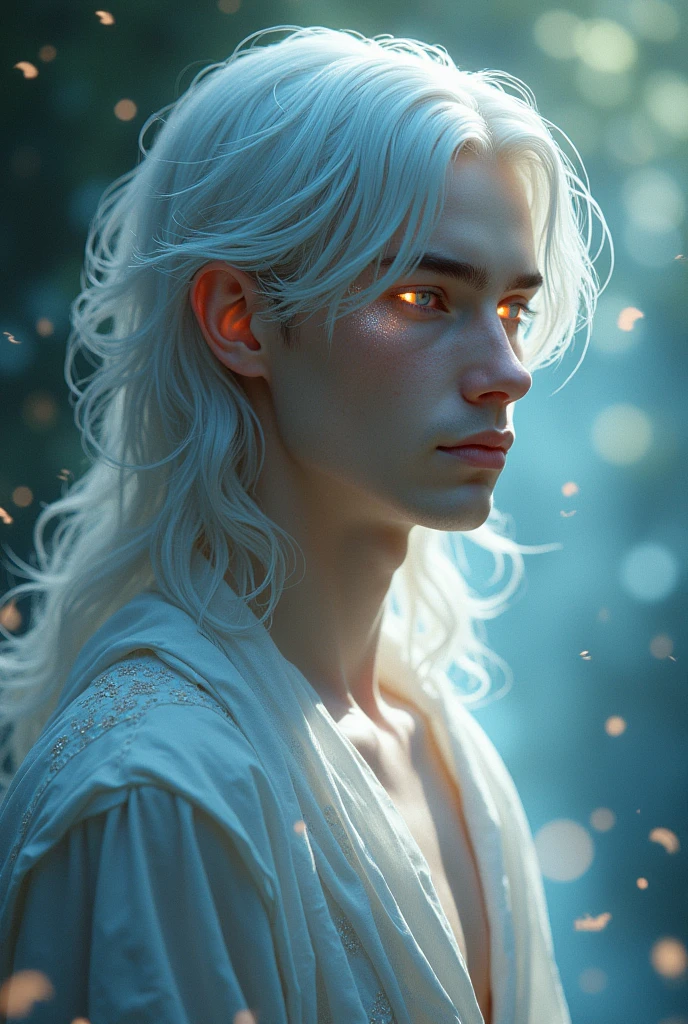 radiant skin, silver hair, glowing eyes, ethereal features, serene expression, 
Male
Greek