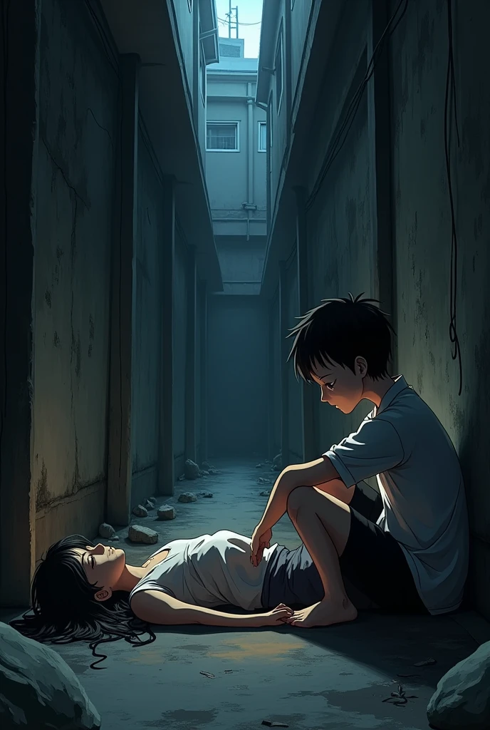 A student sitting next to a dead body in a One Piece style alley