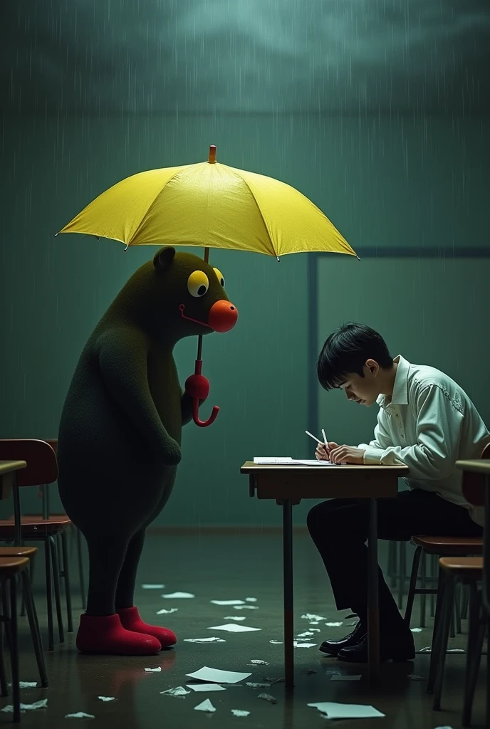 There is a mole doll standing in the rain and dark sky. It has a red nose, red shoes, and a yellow umbrella. It is looking at a young boy, about 20 years old, sitting in a large classroom. He is sitting alone in the dark. He is wearing a white shirt and long black pants. He is sitting with a pen and doing his homework on a paper on the table. The camera angle is through the umbrella into the classroom. Horror theme