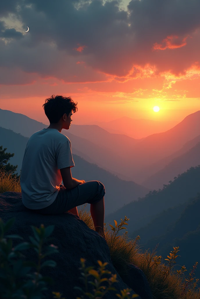 An older boy sitting on a mountain in Sri Lanka looking at the distant sunset and the barely visible moon.