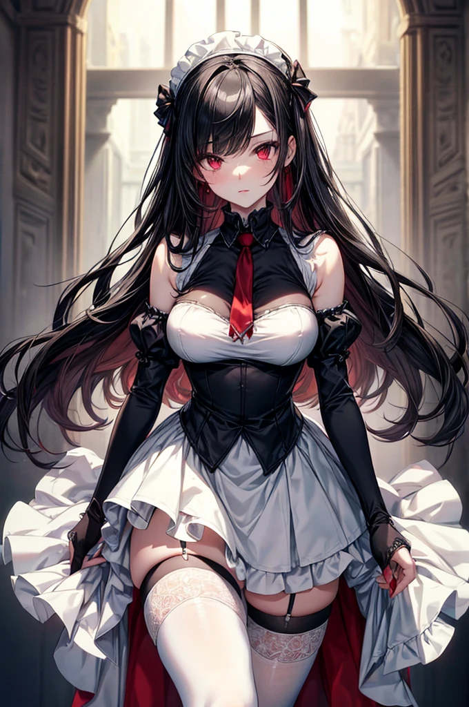masterpiece, super detailed, precision art, beautiful young woman, 1, waist length straight silky black hair, flawless pale white skin, beautiful blood red eyes, symmetrical face, sexy and beautiful but dangerous and deadly, staring into her eyes is as if you are being marked by a predator, thick and plump blood red lips, slender and athletic body, modest breasts, modest curves, small round ass, tall height(180cm), wearing elegant yet battle ready French maid uniform not showing excessive, thigh-high stockings and detached sleeves, hip level shot, Anatomically Correct, Accurate,