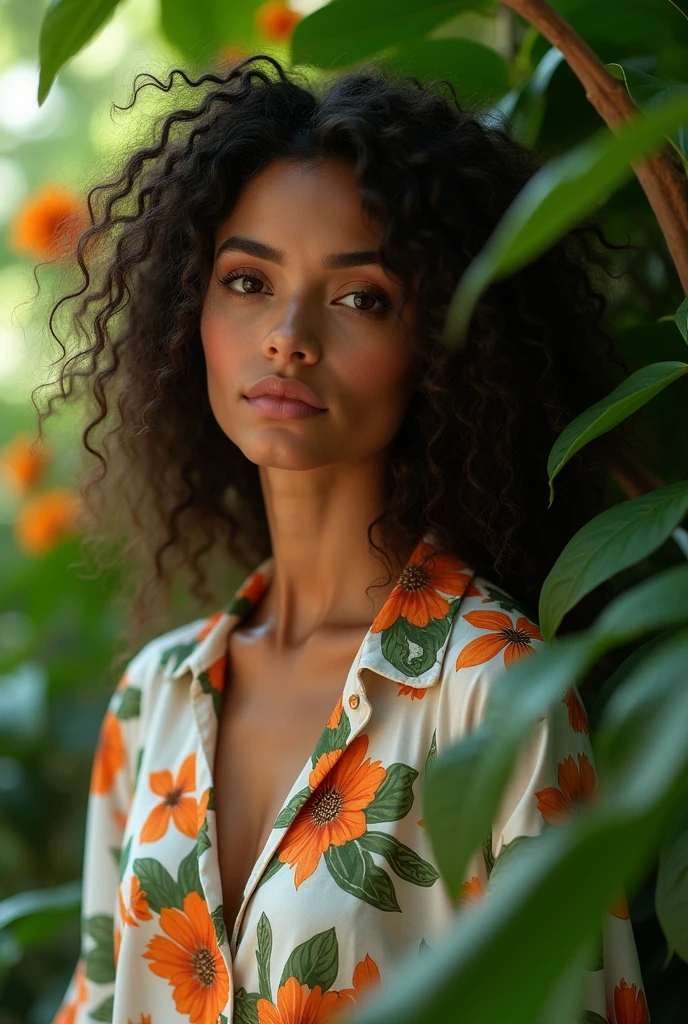 A Brazilian woman in a lush tropical garden, wearing an open shirt with a floral print, with a close-up capturing the harmonious beauty between her breasts and the natural flowers, showing off your natural charm and outgoing personality.