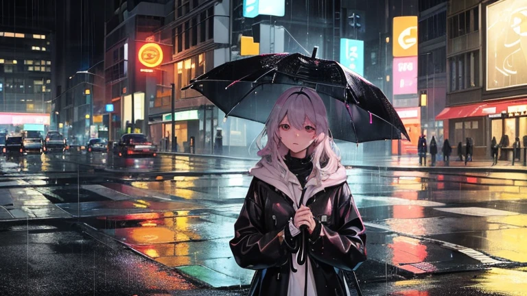 Please focus on drawing a woman sheltering from the rain.。On a street corner in the city、A woman holds an umbrella while worrying about her wet hair、Staring at the rain with a moist expression。In the background、The dimly reflected neon lights of the city and the wet roads are depicted.、Make sure to highlight the female presence。