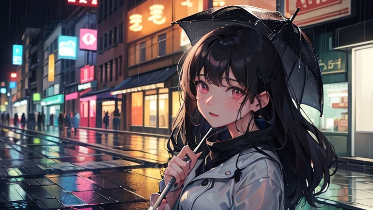 Please focus on drawing a woman sheltering from the rain.。On a street corner in the city、A woman holds an umbrella while worrying about her wet hair、Staring at the rain with a moist expression。In the background、The dimly reflected neon lights of the city and the wet roads are depicted.、Make sure to highlight the female presence。