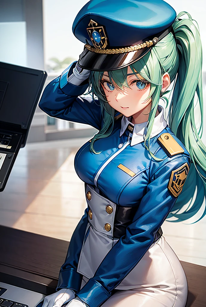 bondrewd wearing a blue peaked cap with light color green hair, 1girl, long hair, gloves, green eyes, white gloves, blue military uniform, looking at sky, very long hair, white hair green color inner, uniform, solo, mature female, perfect body, beautiful background, an anime cartoon female officer working on their paperwork in an office, ultra detailed, detailed eyes, Star Wars CIS emblem on the hat, vibrant colors