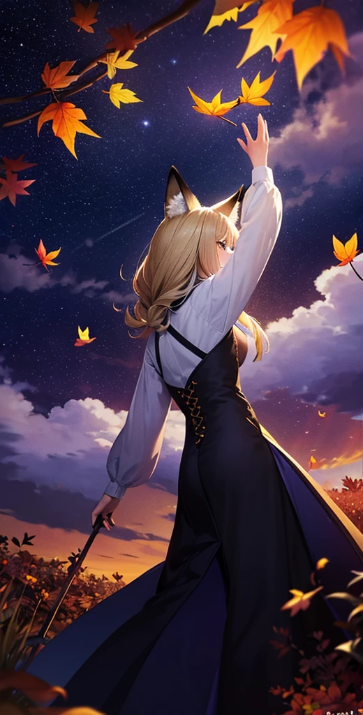 １people々々々々々々々々々々々々々,Woman with medium length blonde hair，Fox Ears，Long coat，Takageta， Dress Silhouette， Rear View，Space Sky, Full moon background，Flower Field，Colorful flowers，Dancing Petals，autumn，autumn leaves，