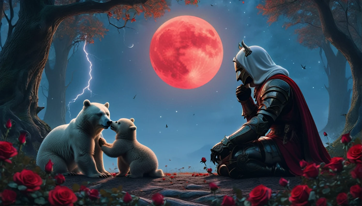 Male knight with a white hood with white bear ears and a sword behind his back sits on the ground towards a baby polar bear and a baby brown bear in a forest while the moon shines, many Roses cover the ground and lightning falls from the sky. The baby polar bear plays with the baby brown bear while the knight enjoys watching them. Only the man wears a red blindfold. In the background of the picture is the blood moon and a tree has fallen down in the path. The forest is full of trees with leaves. The armor of the man is black and red roses decorate it. The sky is full of stars. The knight is thoughtfully touching his face.