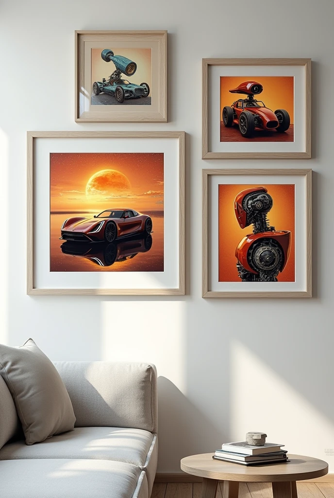 (photorealism:1.2), white wall with pictures of a car, a Industrial robot, realistic, intricate details, warm colors, by Greg Rutkowski, by Alphonse Mucha