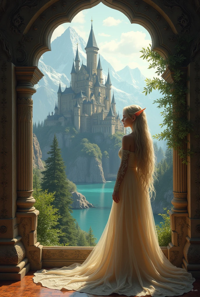 fantasy art, RPG art, a portrait picture of a (beautiful elf princess: 1.2) looking through her window at a magical castle, a beautiful elven princess looking through her window to see a magical castle, an impressive best detailed castle, with towers, bridges, a moat, standing on top of a mountain