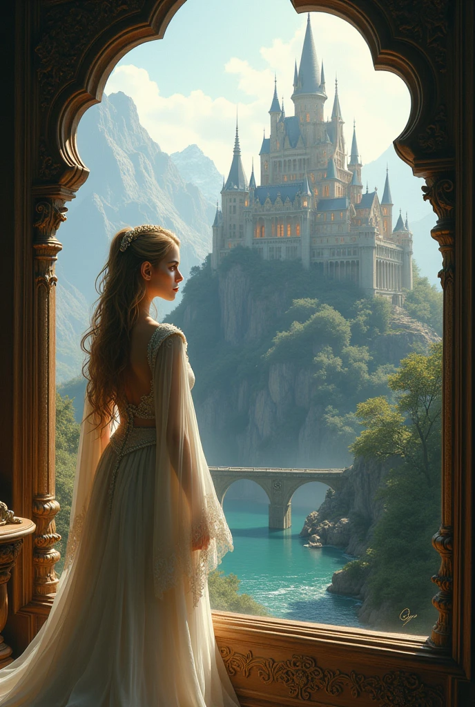 fantasy art, RPG art, a portrait picture of a (beautiful elf princess: 1.2) looking through her window at a magical castle, a beautiful elven princess looking through her window to see a magical castle, an impressive best detailed castle, with towers, bridges, a moat, standing on top of a mountain