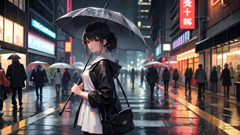 Please focus on drawing a woman sheltering from the rain under the eaves of a building.。Amidst the hustle and bustle of the city、Woman closes her umbrella、I shrug my shoulders to avoid the rain。In the background、The blurred outlines of buildings and car lights are drawn.、Make sure the urban atmosphere highlights the female character as a secondary element.。