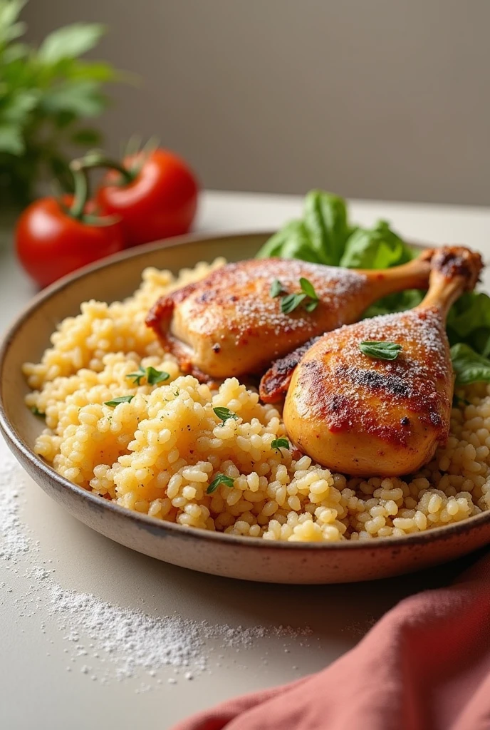 A plate of food chicken rice couscous and flour