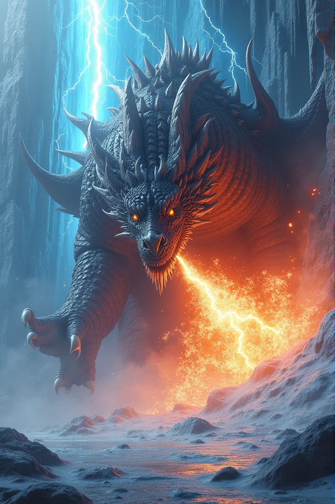 A menacing and ultra-realistic looking dragon attacks a large ice wall with an impressive red fireball surrounded by blue electricity. 