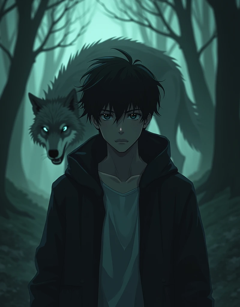 Create a anime style closeup image. Dark, atmospheric digital artwork featuring a young man with a serious expression and tousled dark hair, walking through a misty forest. He has a light skin tone and is wearing a dark jacket over a white shirt. Behind him, a large, menacing wolf with glowing eyes and sharp teeth is emerging from the shadows, adding a sense of danger and mystery to the scene. The background is filled with tall, shadowy trees and a faint, eerie greenish light, enhancing the overall ominous and suspenseful mood of the image.