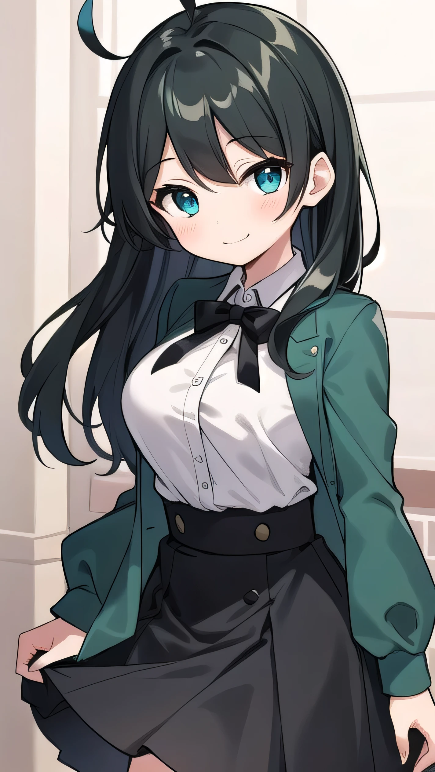 Junior high school student who looks like an elementary school student, , very short, 140 cm tall, black hair with a slight green tinge, short ahoge, beautiful long hair but with a little hair sticking out, beautiful round eyes, blue eyes, smile, boyish, long sleeves, Thick clothes, skirt, big breasts, hair longer than waist, long hair, childish face, gentle smile, a little shy, black skirt, black hair with a slight green tinge, boyish, gentle smile, jacket one size larger, ( Deep greenish black hair: 1.3)