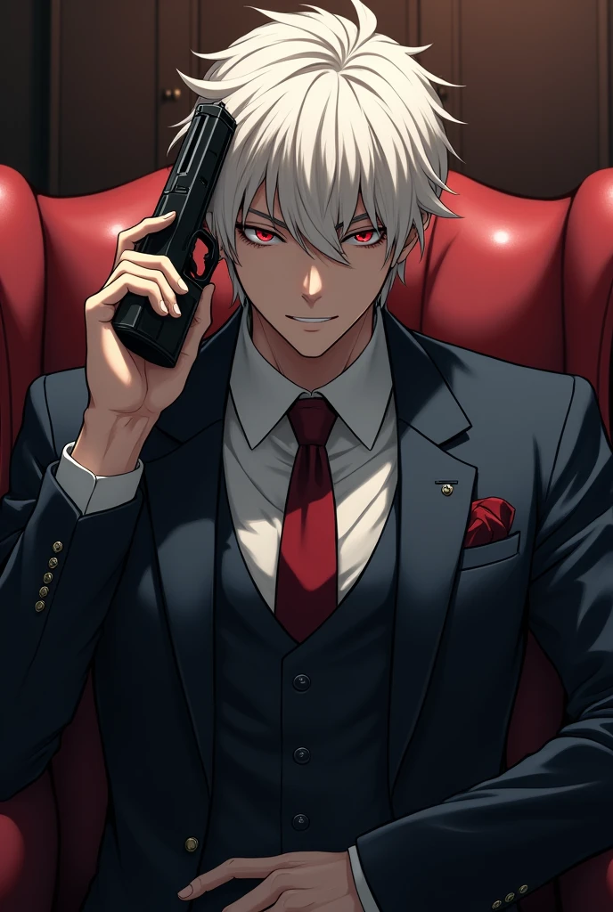 Man with white hair and red eyes, with a slight psychopathic smile, with formal suit, in a room, sitting on a comfortable, pointing a gun to his head . cheered up. anime.