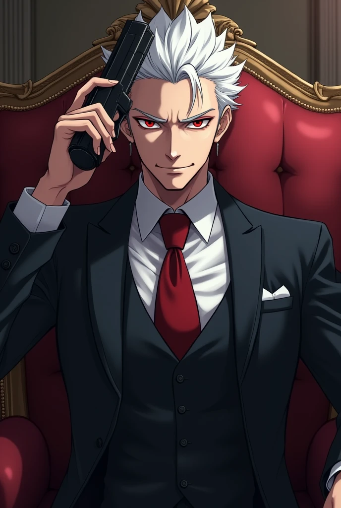 Man with white hair and red eyes, with a slight psychopathic smile, with formal suit, in a room, sitting on a comfortable, pointing a gun to his head . cheered up. anime.