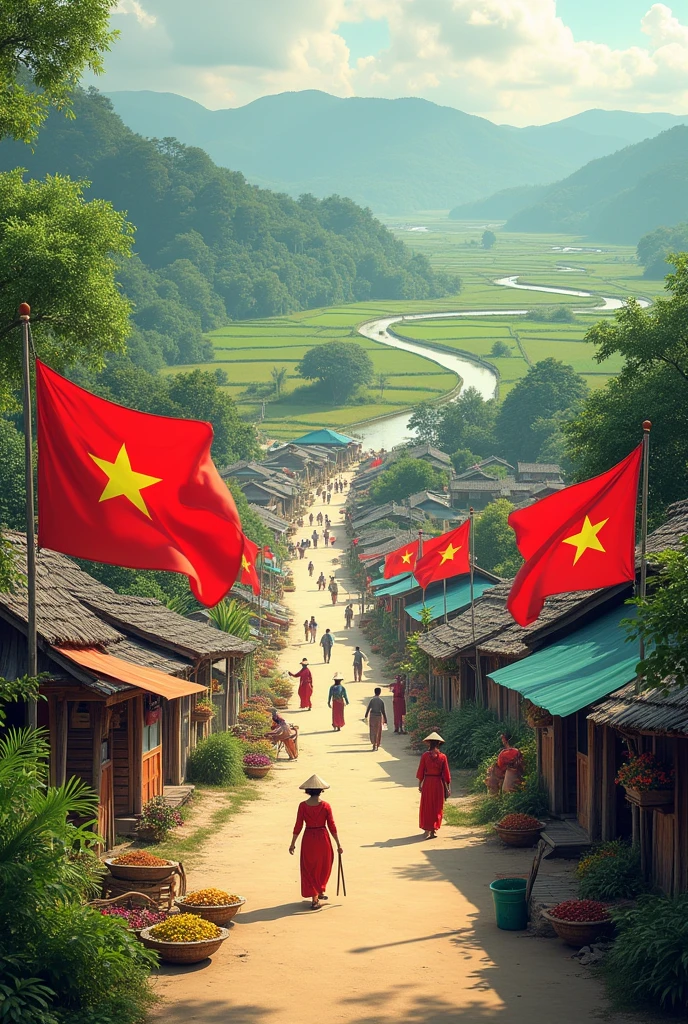 a village in vietnam, many vietnamese flags