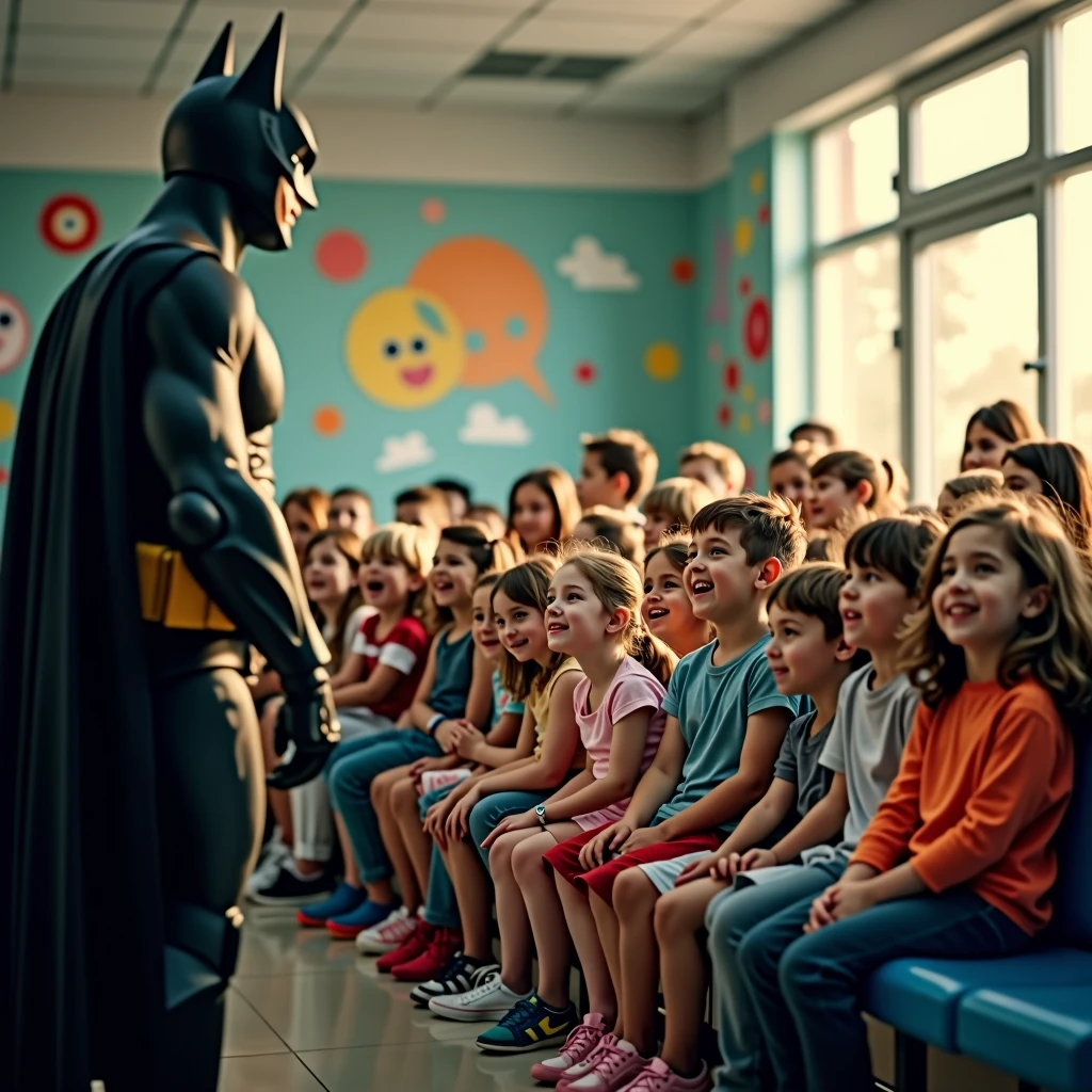 Realistic photography of a hospital waiting room filled with children eagerly waiting for Batman, the walls adorned with bright, cheerful drawings, the children’s faces lit up with excitement and anticipation, captured with a 50mm lens, natural lighting, warm and inviting atmosphere
