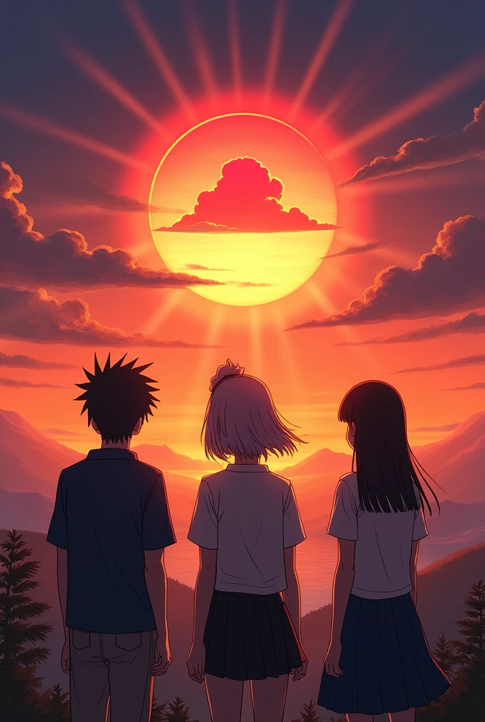 trio that facing to the beautiful sun set and has ph akatsuki on top of the image and they're in anime