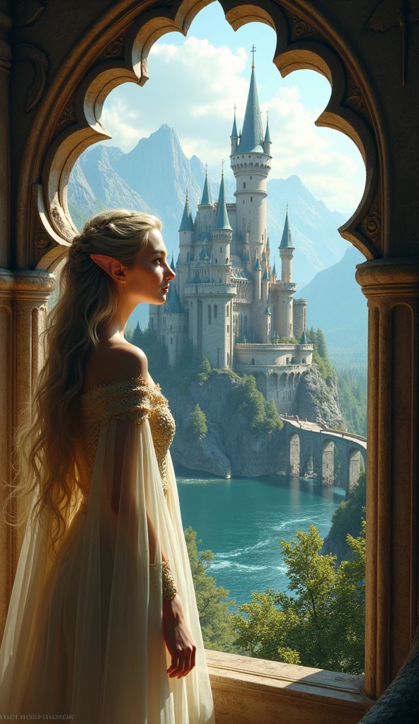 fantasy art, RPG art, a portrait picture of a (beautiful elf princess: 1.2) looking through her window at a magical castle, a beautiful elven princess looking through her window to see a magical castle, an impressive best detailed castle, with towers, bridges, a moat, standing on top of a mountain