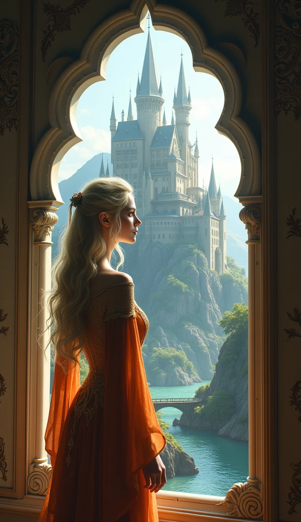 fantasy art, RPG art, a portrait picture of a (beautiful elf princess: 1.2) looking through her window at a magical castle, a beautiful elven princess looking through her window to see a magical castle, an impressive best detailed castle, with towers, bridges, a moat, standing on top of a mountain