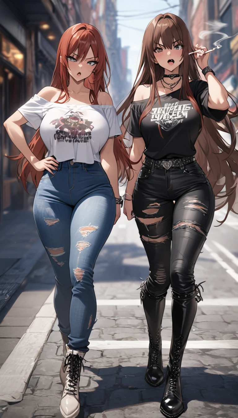 Ultra-high definition image quality、beautiful girl、Yankee girl、Reddish brown hair、Messy long hair、Gal、bustling street、Off-the-shoulder T-shirt、Distressed denim、Tight low rise denim、Highest quality, Big Ass、Thighs、Big Boobs、High cut boots、Glare、Place hands on hips、intimidating face、Hold a cigarette in your mouth、Smoke from cigarettes、Punk Fashion、Cross your legs