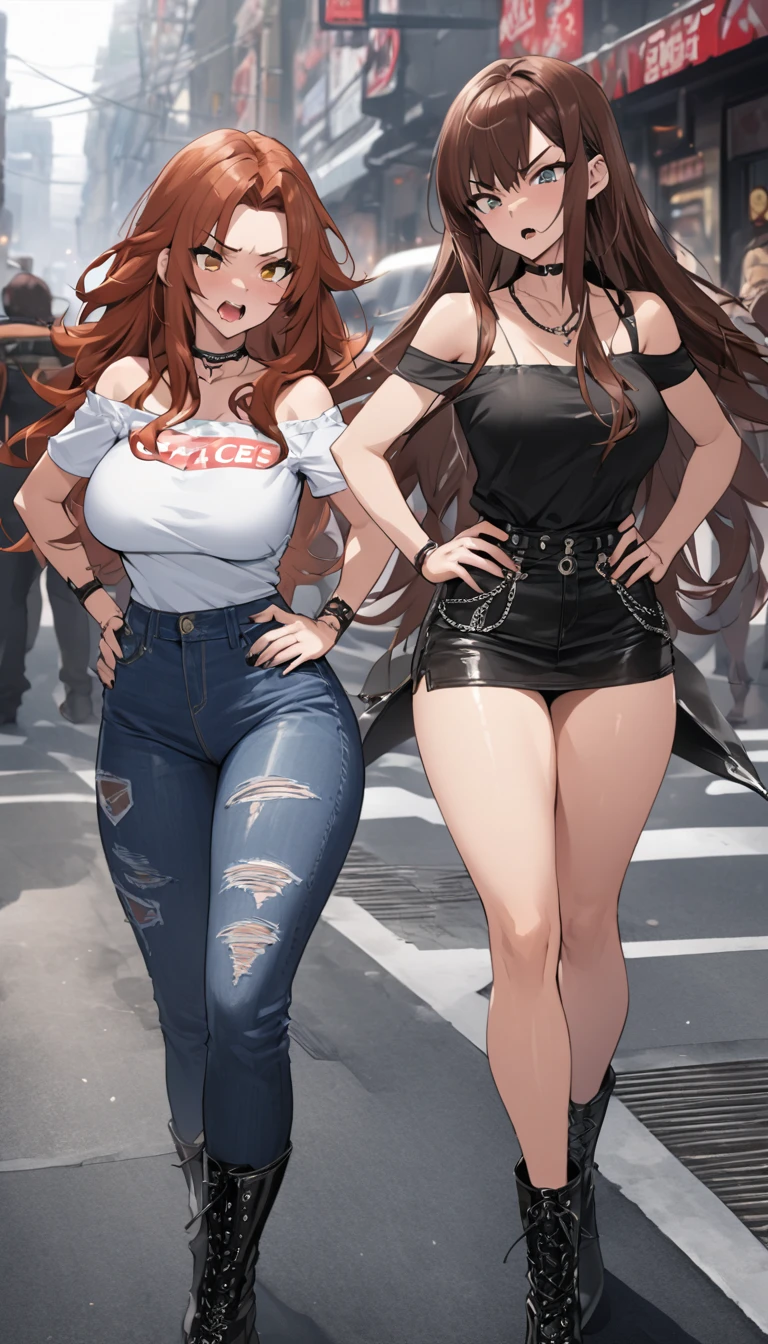 Ultra-high definition image quality、beautiful girl、Yankee girl、Reddish brown hair、Messy long hair、Gal、bustling street、Off-the-shoulder T-shirt、Distressed denim、Tight low rise denim、Highest quality, Big Ass、Thighs、Big Boobs、High cut boots、Glare、Place hands on hips、intimidating face、Hold a cigarette in your mouth、Smoke from cigarettes、Punk Fashion、Cross your legs