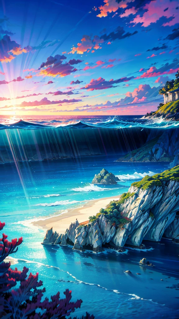 "A beautiful underwater scene in an anime style, featuring serene and clear blue water with rays of sunlight filtering through, highlighting vibrant coral reefs and colorful marine life. The background includes soft, distant waves with small bubbles rising. The scenery is detailed and immersive, capturing the beauty of nature and tranquility of the ocean. Anime Nature, Anime Background, Wallpaper Anime Blue Water, Detailed Landscape, Anime Scenery, Peaceful scenes in anime."
