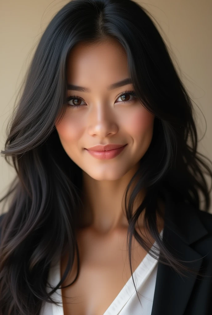 Photo of a cute, sweet Brazilian woman with black hair and very light white skin with an oval-shaped face and a Greek nose, aged between 20 and 2 to create a professional profile for a business profile involving communication in a simple way..
 
