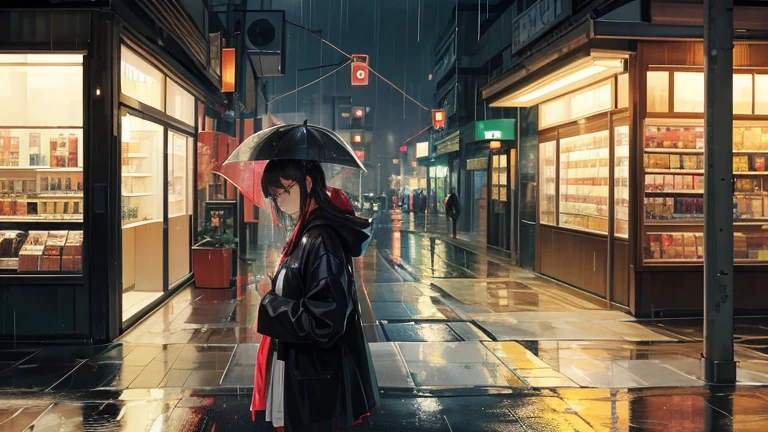 Mainly featuring a woman sheltering from the rain、Please draw the urban atmosphere as a sub-element.。The woman was in front of a convenience store.、Quietly waiting for the rain to stop。In the background、The dim city lights and rain-soaked glass are depicted.、Make sure the female facial expression and pose are emphasized。