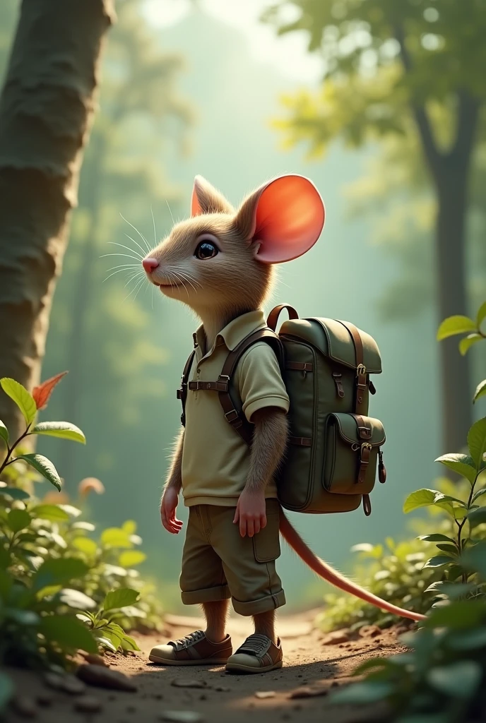 A humanoid mouse contemplating Nature, the rat must be wearing human clothes because it is humanoid and must be wearing a travel backpack