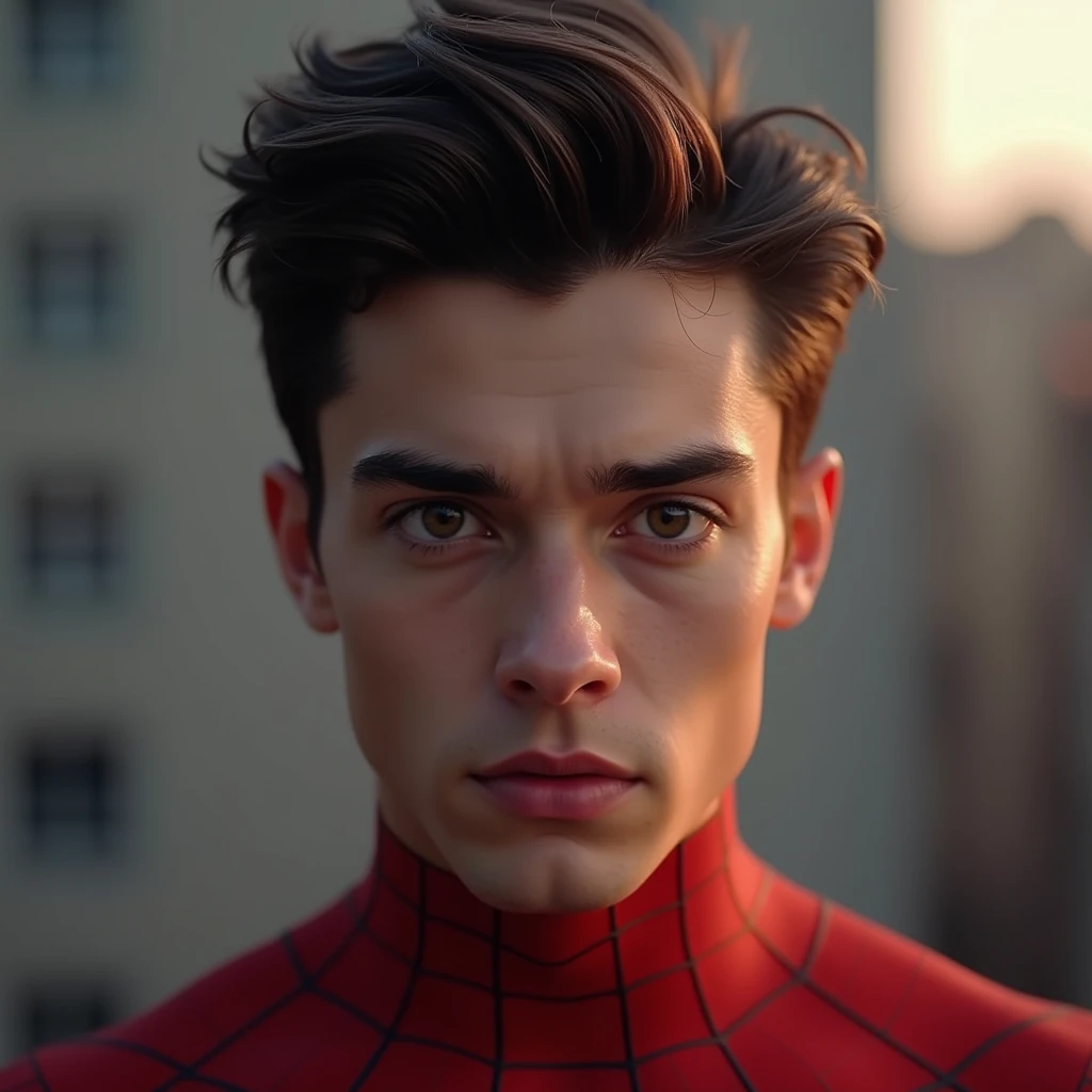 A photograph of spider man, no mask, 20 yo, handsome, detailed face, looking at camera, portrait, 8k uhd, high quality