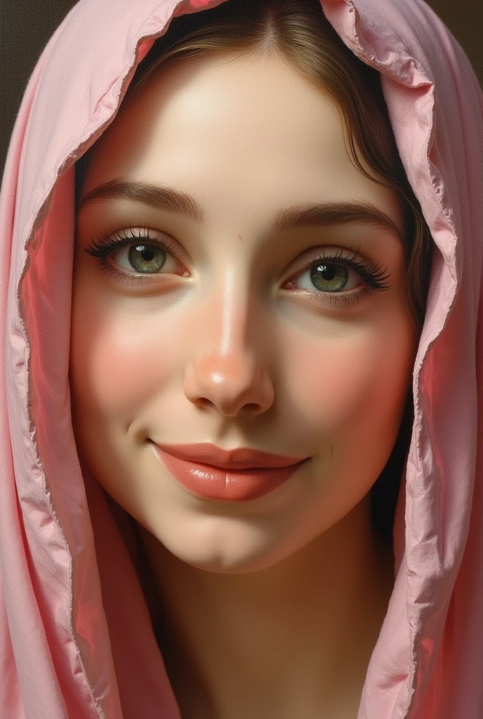 Oil painting style on canvas, front view, close-up, the Virgin Mary is smiling at the camera, looks kind and kind, full of maternal power, Maria wears a pink headscarf. Real skin, clear and bright picture.