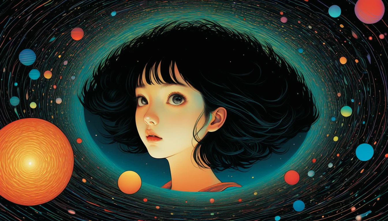 An illustration、art、Horror, Supervised by Junji Ito、Attention to detail, Realistic shadows、Analog Style, chromatic aberration, Surrealism、universe、Black Hole