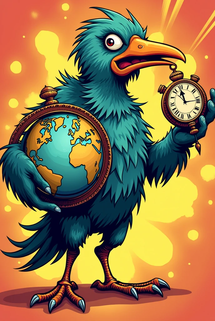 Person who have a head of messenger
Gesture and pose:
Messenger head open mouth wanting to eat the clock while holding a globe on his right hand
Make it a comic style use a vibrant colours