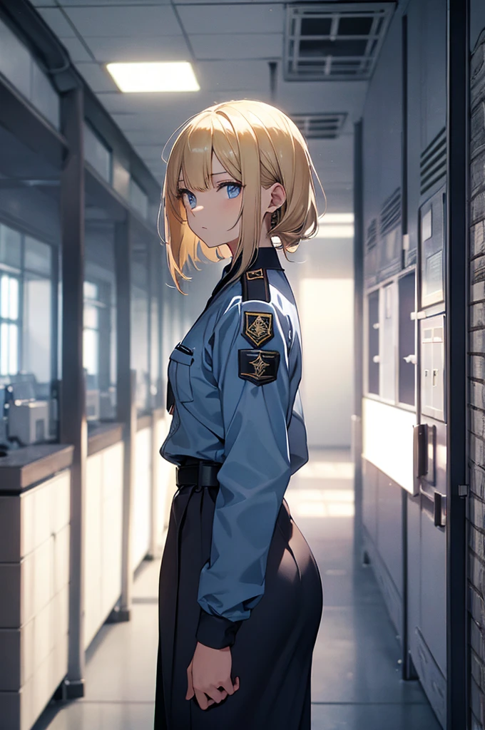 A young woman stands in front of a prison, bright blonde hair,  standing in the prison office, dark blue eyes, wearing prison uniform, 