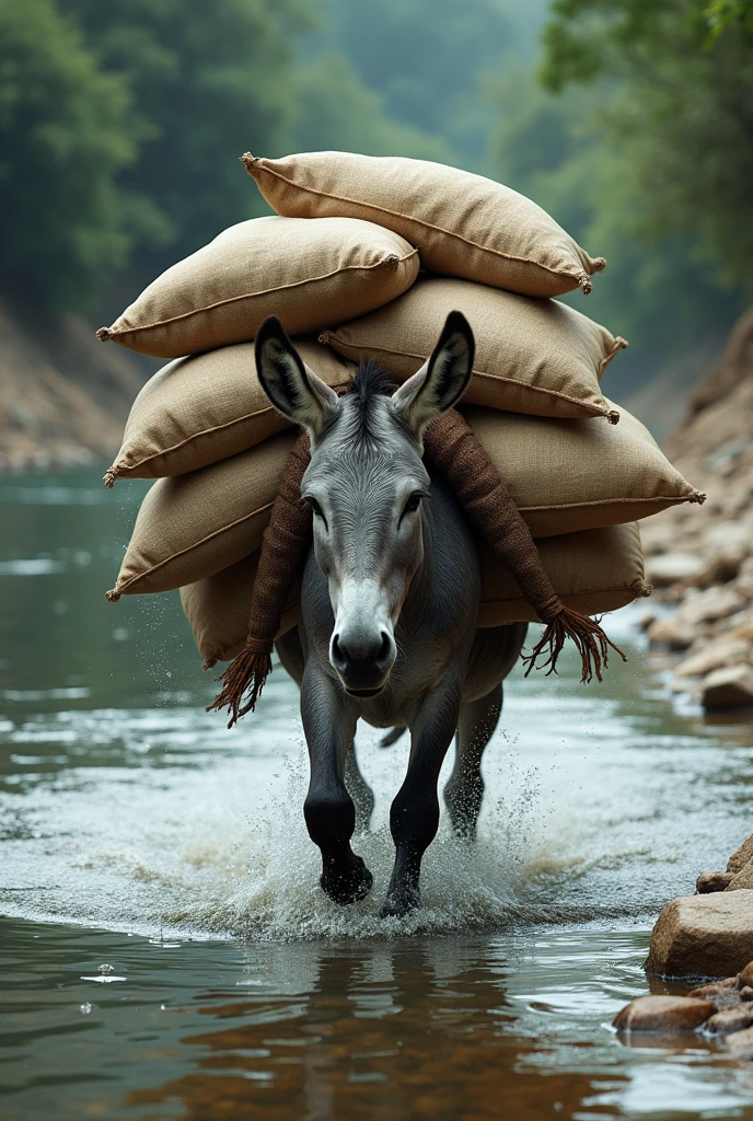 A donkey carries many sacks on its back after a river