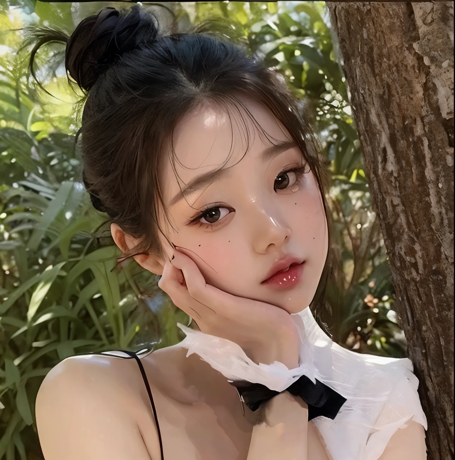 Close up of a woman with long black hair, 원영 de IVE, Portrait of IVE's 원영, 원영 de IVE, Jang Won-young de IVE, popular makeup in korea, 원영 de IVE, Retrato Wonyoung IVE, pastel pink skin tone, 원영 de IVE, popular korean makeup