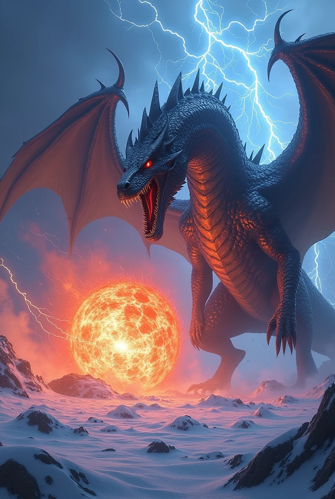 A menacing and ultra-realistic looking dragon destroying a large ice wall with an impressive red fireball surrounded by blue electricity 