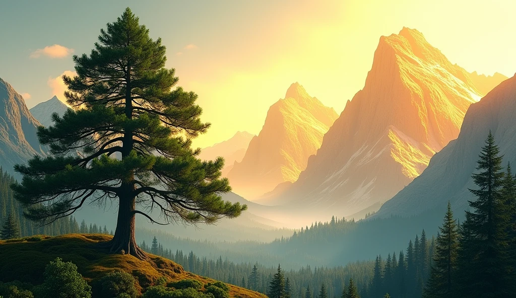 There is a green pine tree in front of a golden mountain