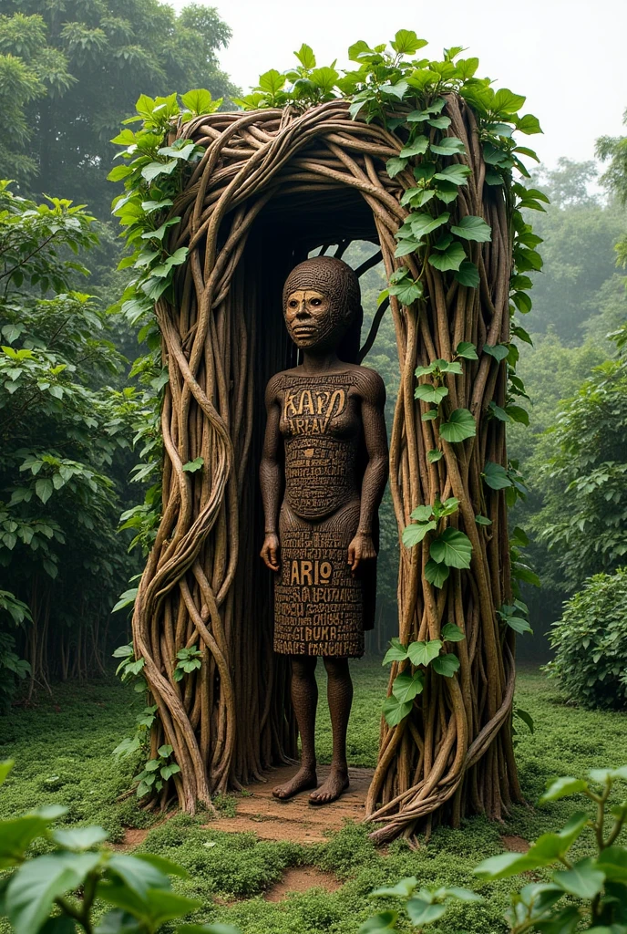 A structure: Based of Araro for farmers. Body of Intertwined vines with encraved filipino text The central figure could be "Arawa,
