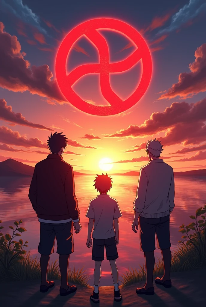 trio that facing to the beautiful sun set and has ph akatsuki on top of the image and they're in anime and they're all man