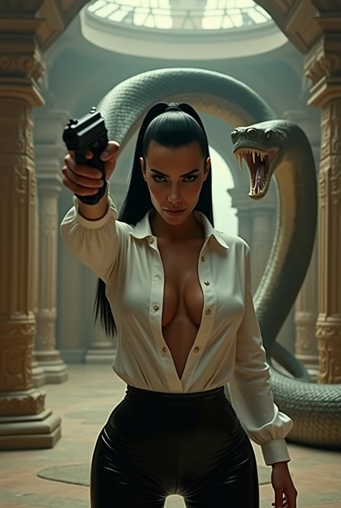 Kim Kardashian with straight black hair in a ponytail, she wears a tight white shirt with sleeves and collar, with large cleavage, She wears black latex leggings, in a temple, she aims a gun at someone, behind her is an aggressive giant snake with an open mouth and sharp teeth