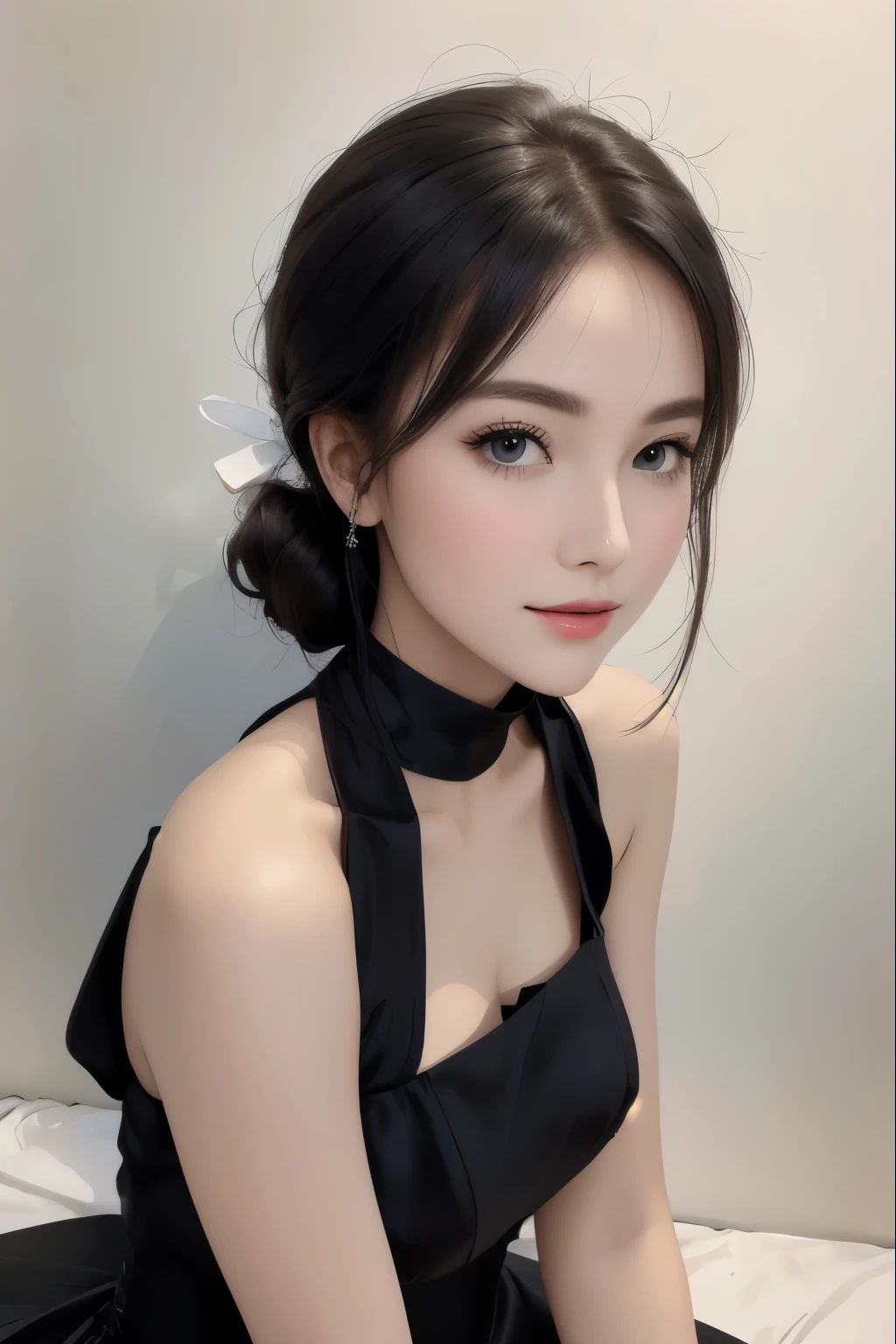 (masterpiece), best quality, perfect face,  1 woman, black formal dress, white background, 