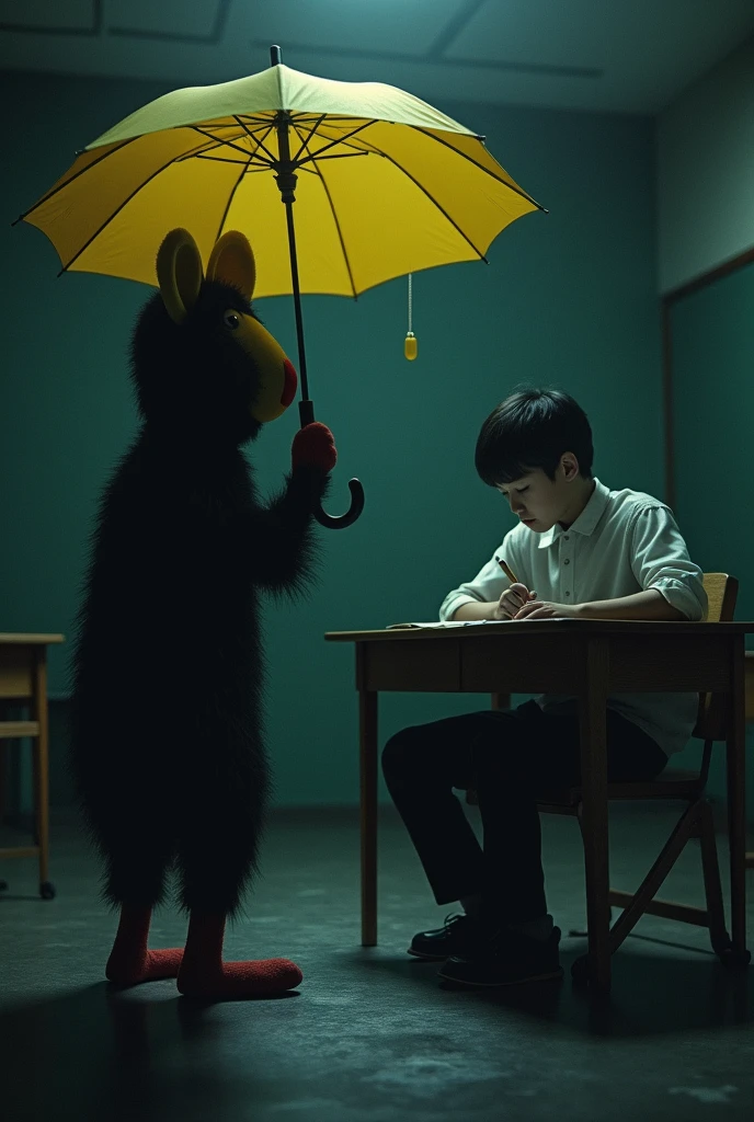 There is a mole doll standing in the shadows, red nose, red shoes, holding a yellow umbrella, looking at a young boy, about 20 years old, sitting in a large classroom. He sits alone in the dark, he wears a white shirt, long black pants, sitting with a pen, doing homework on a paper on the table. The camera angle is through the umbrella into the classroom. Horror theme