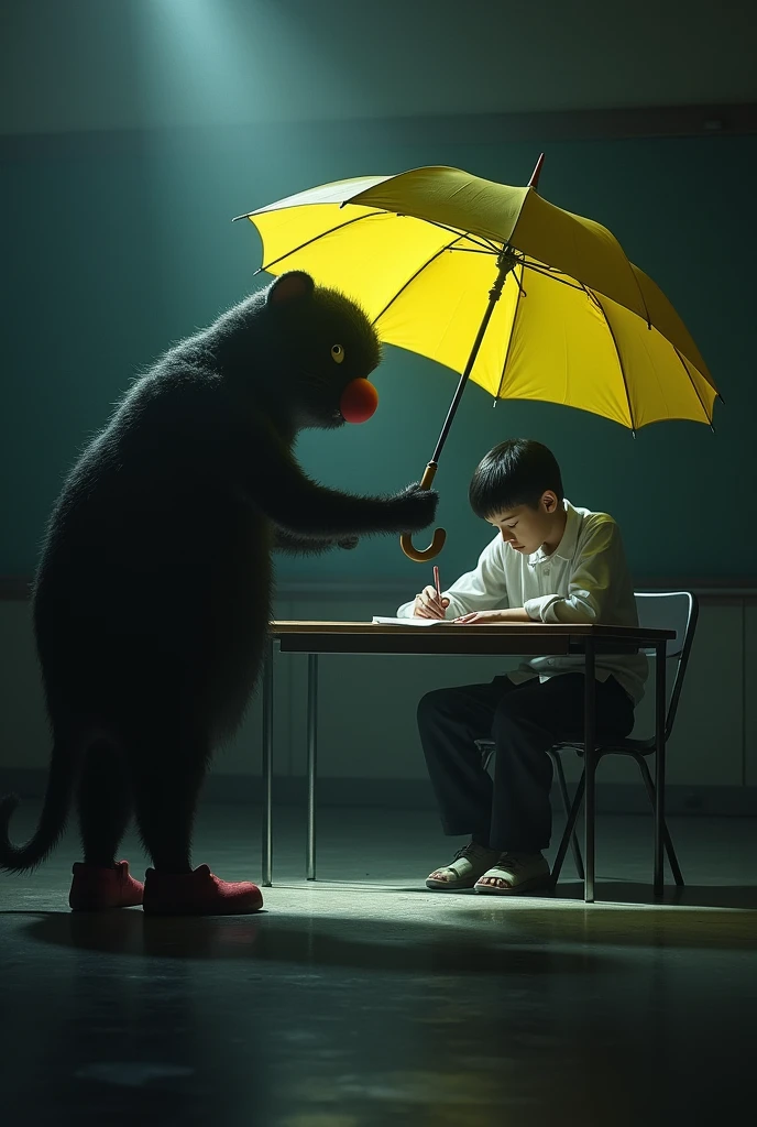 There is a mole doll standing in the shadows, red nose, red shoes, holding a yellow umbrella, looking at a young boy, about 20 years old, sitting in a large classroom. He sits alone in the dark, he wears a white shirt, long black pants, sitting with a pen, doing homework on a paper on the table. The camera angle is through the umbrella into the classroom. Horror theme