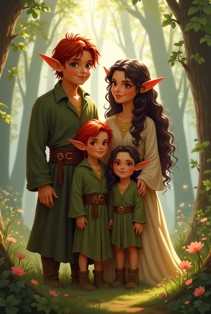 Make a couple of elves with two children, she with red hair and he with long dark brown curly hair.