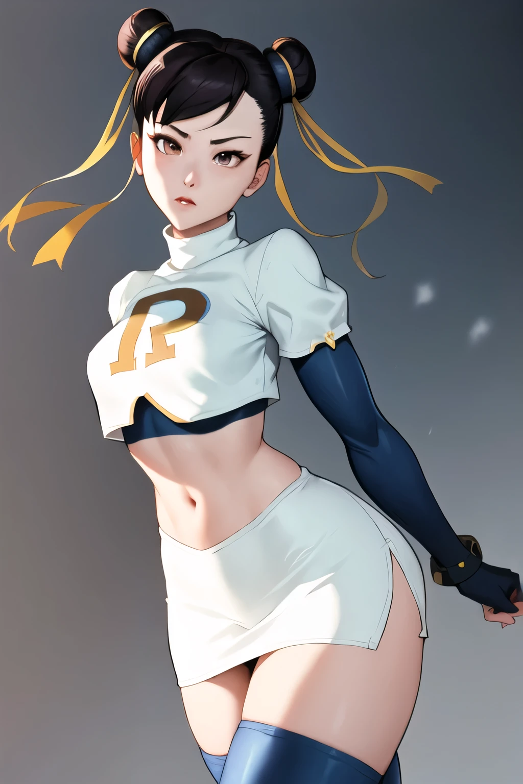 chun li, team rocket uniform, red letter R, white skirt,white crop top,black thigh-high boots, black elbow gloves, grand écart